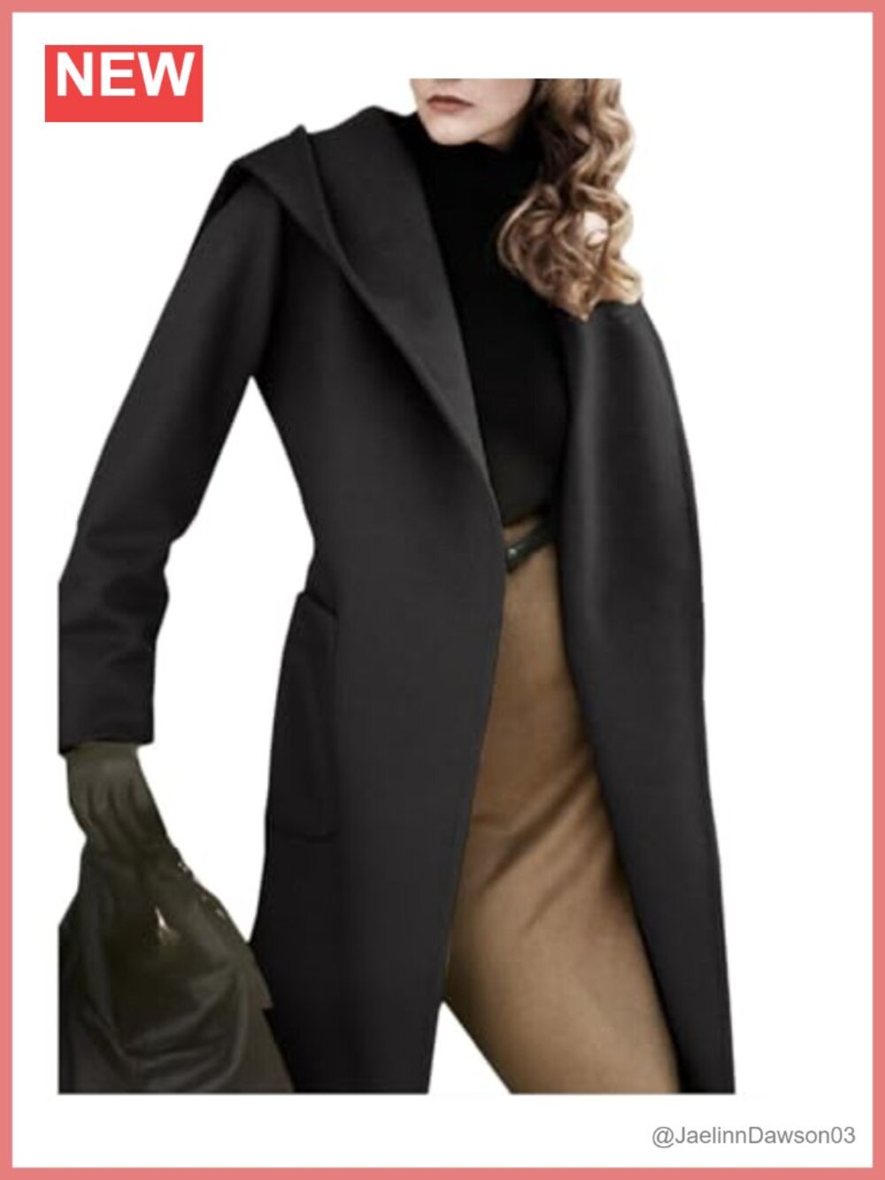 Wool Blend Long Sleeve Hooded Open Front Belted Trench Coat Winter Coat